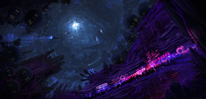 architecture, low angle view, spaceship, 1080P, illuminated, light - natural phenomenon, purple, Valerian and the City of a Thousand Planets, craft, night
