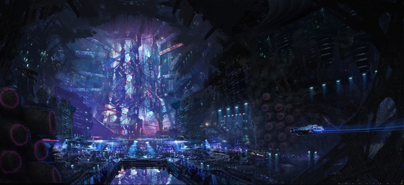 architecture, built structure, religion, glowing, indoors, Astroship XB982, city, light - natural phenomenon, building, stage, concept cars, nightclub