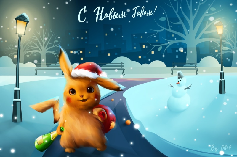 Detective Pikachu, Snow, Holiday, Snowman, 1080P, Winter, Two thousand nineteen, New Year, 2019, Pikachu, Christmas, By Olli Ogneva, Background, Illustration