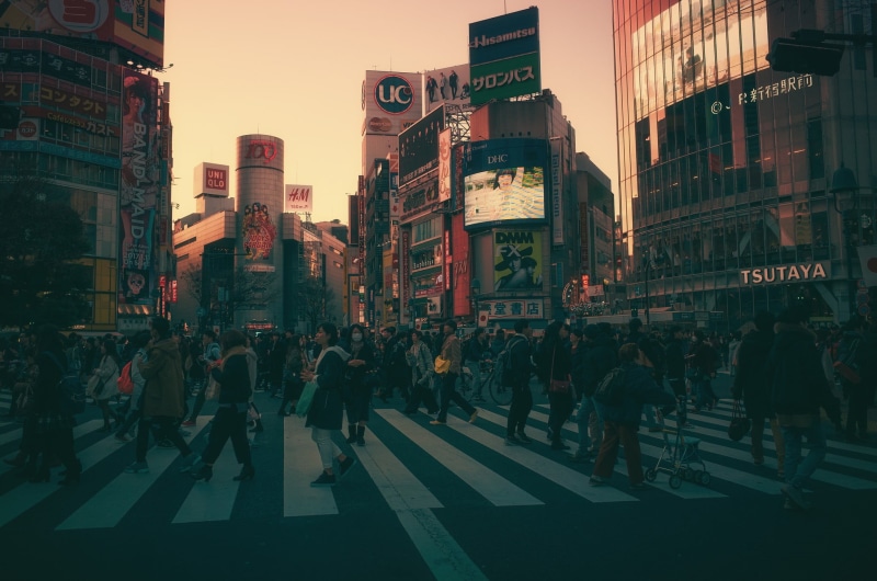 architecture, building, crossing, transportation, building exterior, city life, Japan, brown, buildings, built structure, real people, skyscraper, concrete