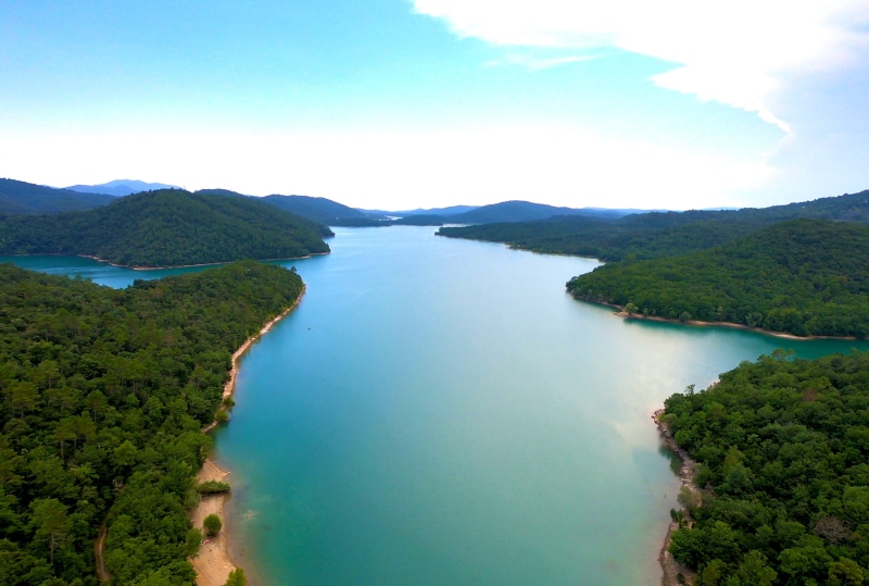 tranquil scene, land, no people, lac de saint-cassien, vert, lagoon, france, karma drone, trees, drone, scenics - nature, water, forest, outdoors, bay