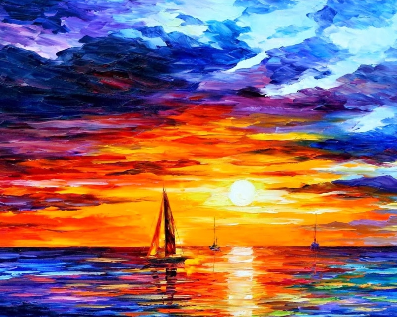 720P, Colorful, sea, boat, Leonid Afremov, painting, sunset