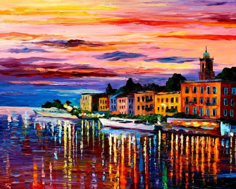 water, artwork, Bellagio, Lake Como, church, Italy, Leonid Afremov, colorful, reflection, building, painting, 720P, boat, house