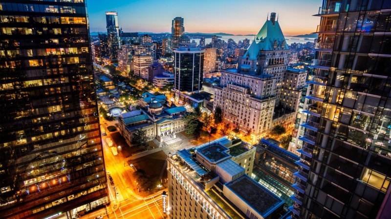 HDR, building, lights, night, Vancouver, 1080P, cityscape
