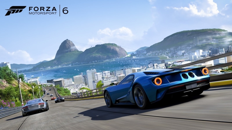 city, water, architecture, car, digital, road, sunlight, Rio de Janeiro, nature, forza, outdoors, incidental people, nautical vessel, day, Forza Motorsport 6