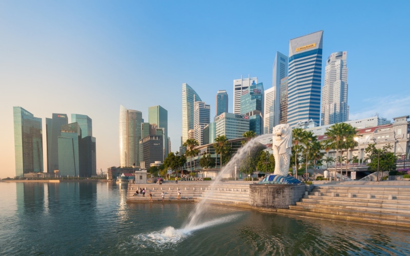 Marina Bay, 2K, merlion, Skyscrapers, fountain, Merlion Fountain, Singapore, marina, quay, Buildings, stairs, bay