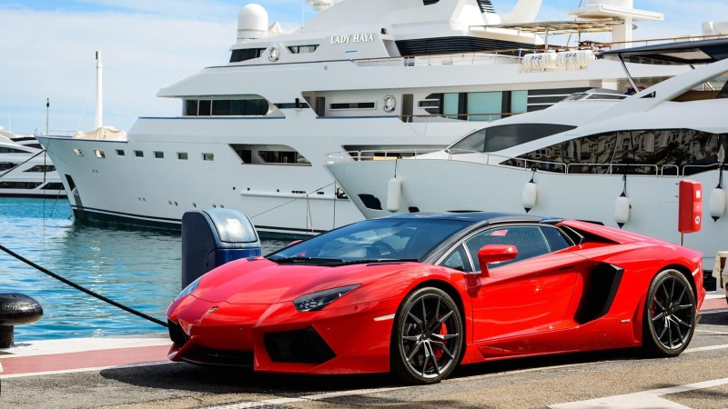 lamborghini, boat, architecture, expensive, exclusive, yatch, red, 1080P, wealth, marina, land vehicle, cruise ship, luxury, mode of transportation, speed