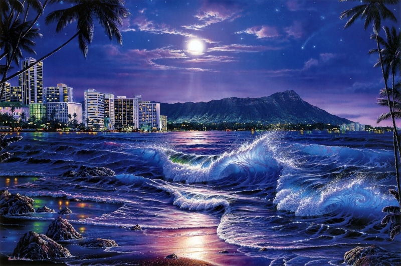 dusk, outdoors, cloud - sky, no people, tropical Climate, built structure, city, summer, tree, motion, painting, coastline, beauty In Nature, wave, water