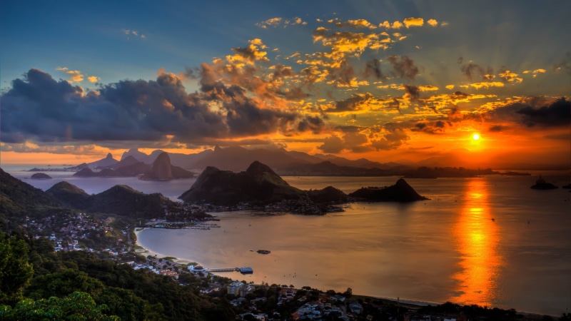 view, orange color, coast, sunset, vista, sky, beach, evening, shore, water, sea, outdoors, parque da cidade, afterglow, niteroi, horizon, nature, dusk