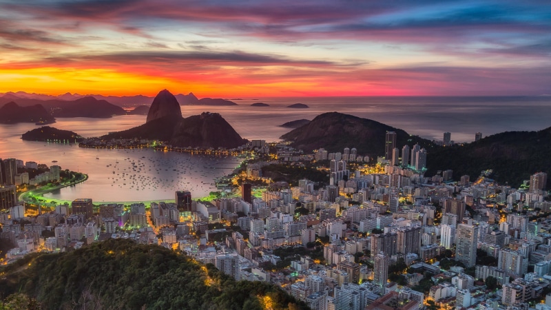 rio de janeiro, sugarloaf mountain, office building exterior, scenics - nature, sea, dusk, evening, built structure, beauty in nature, cloud - sky, sunset