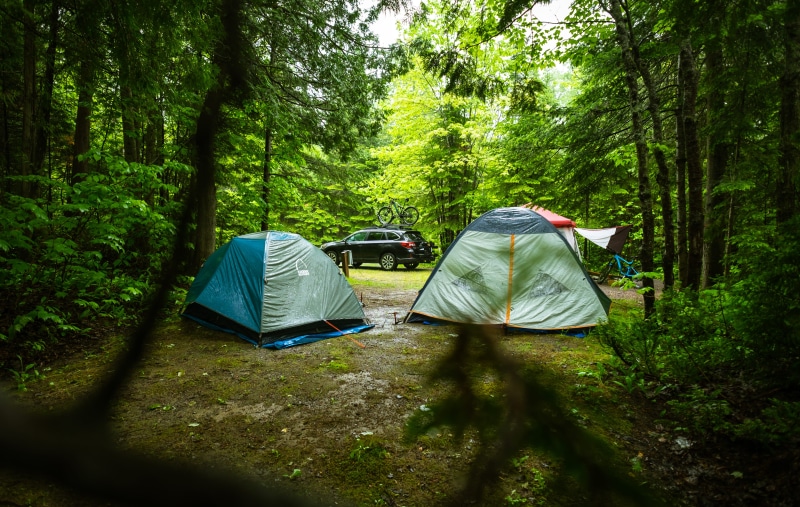 camp site, bicycle, camping, outback, explore, non-urban scene, wet, mountain bike, tranquility, day, green color, real people, canada, rain, plant, woodland