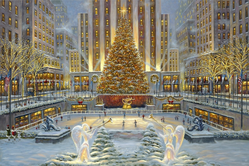 Painting, Artistic, Christmas, Holiday, Skating Rink, Light, 1080P, Christmas Tree, Rockefeller Center
