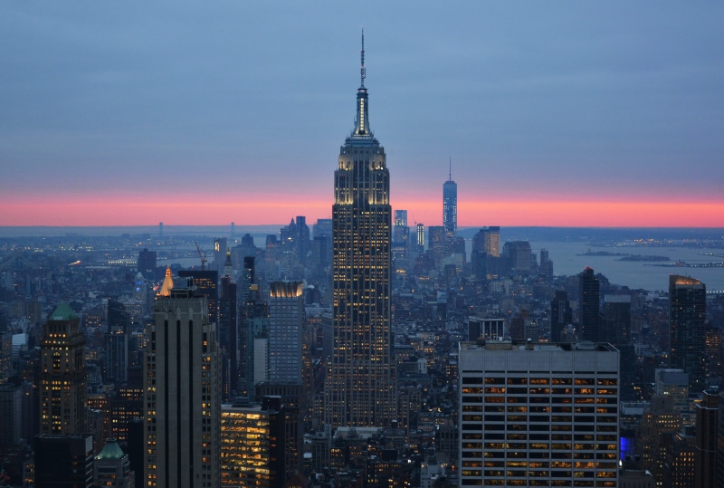 dusk, illuminated, sky, modern, urban skyline, no people, landscape, state, 5K, outdoors, sunset, buildings, architecture, skyscraper, top of the rock