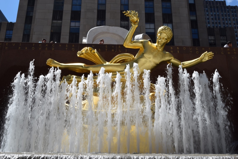 no people, creativity, rockefeller center, built structure, craft, city, new york, manhattan, nature, gold, outdoors, flowing water, united states, building exterior