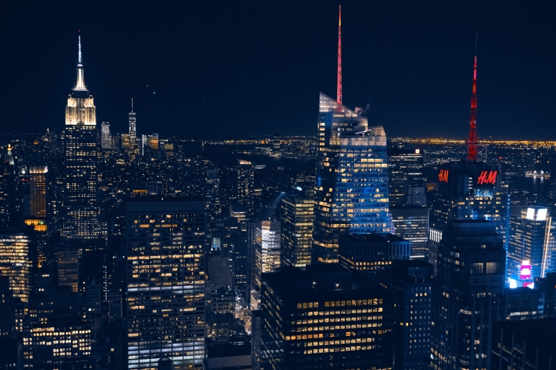 top of the rock, nightlife, cityscape, skyscraper, buildings, tall - high, travel destinations, landscape, illuminated, built structure, high, photography