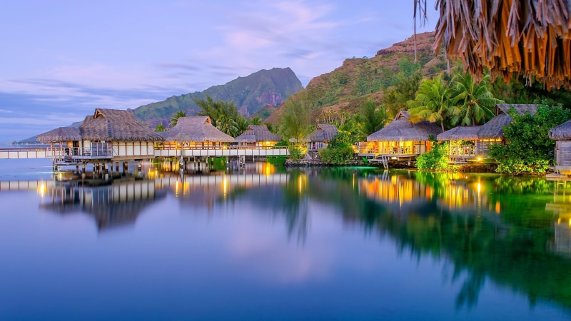 french polynesia, overwater, bora bora, bungalow, ocean, trees, nature, overwater bungalows, tropical, morning, reflection, palm, house, sky, mountain