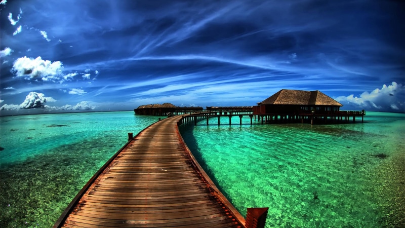 4K, landscape, overwater bungalow, resort, lake, sky, dock, pier, mauritius, cabins, exotic, overwater bungalows, bungalow, boardwalk, summer, vacation