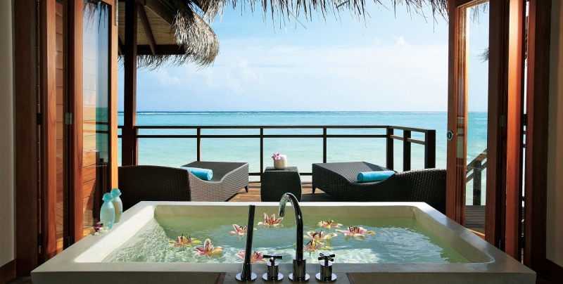 maldives, bungalow, flowers, water, jacuzzi, paradise, island, tropical, bath, lux, 1080P, water bungalow, blue, atoll, spa, lagoon, ocean