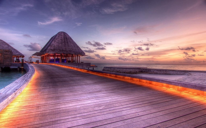 landscape, sea, bar, clouds, tropical, beach, runway, lights, nature, walkway, 480P, Maldives, vacation, nippa, hut, sunset