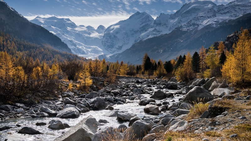 nature, woody plant, 5K, snow, pine trees, mountainous landforms, tree, water, rock, creek, mountain range, pine forest, snowy mountains, wilderness, sky