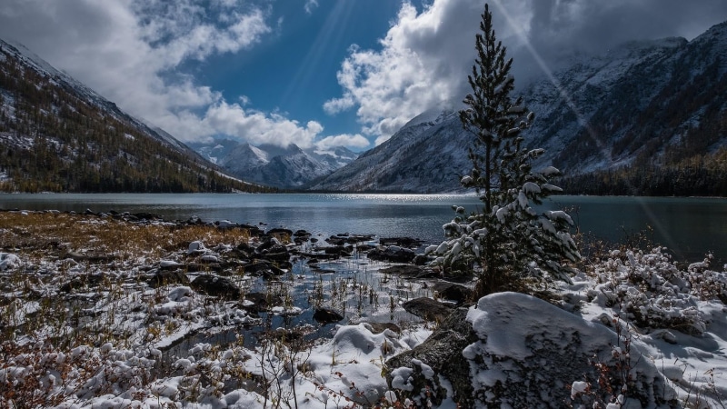 1080P, almaty lake, cloud - sky, cloud, tranquility, scenics - nature, day, tree, water, woody plant, big almaty lake, beauty in nature, mountain, winter