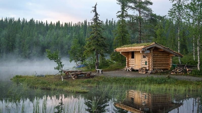 tranquil scene, wilderness, beauty in nature, green color, built structure, architecture, 1080P, plant, scenics - nature, cottage, land, forest lake, water