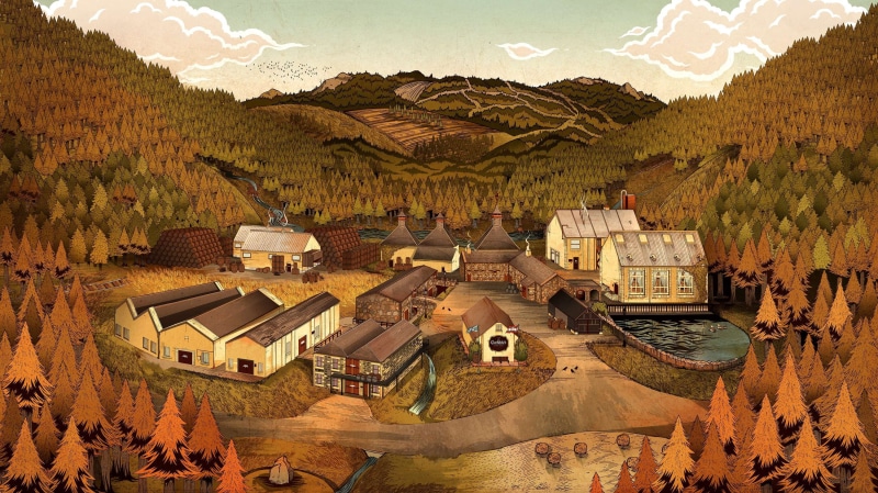Village, Landscape, Mountains, Art, Autumn, Nature, Houses, Forest, Hills, Sawmill, Home, Tree, 2K, House