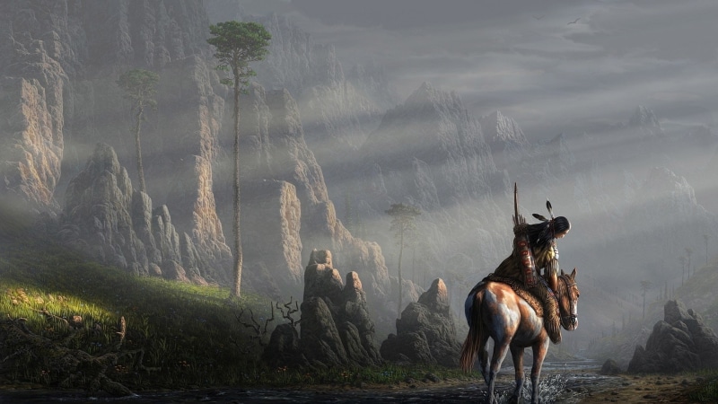 domestic animals, vertebrate, domestic, native american clothing nature artwork native americans trees animals horse men feathers arrows bows painting rock mountain stream sun rays warrior birds