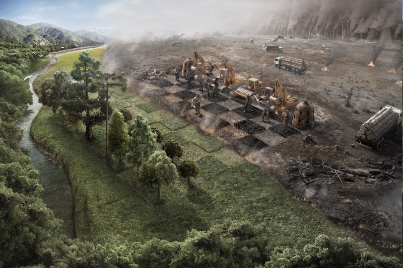 Dark Humor, day, outdoors, Environment, agriculture, green color, digital art, Trees, Chess, tree, large group of animals, Construction Vehicles, group of animals