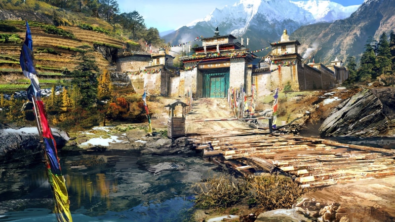 travel destinations, 1080P, outdoors, digital art, solid, monastery, building, lake, fantasy art, mountains, Far Cry 4, video games, flag, water, architecture