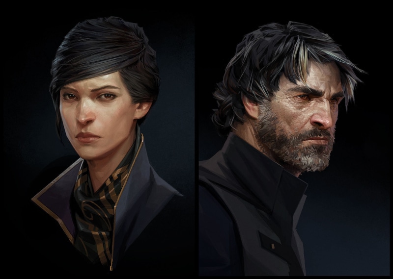 men, adult, Bethesda Softworks, looking at camera, males, Arkane Studios, multiple image, two people, young men, facial hair, male, indoors, Emily, studio shot