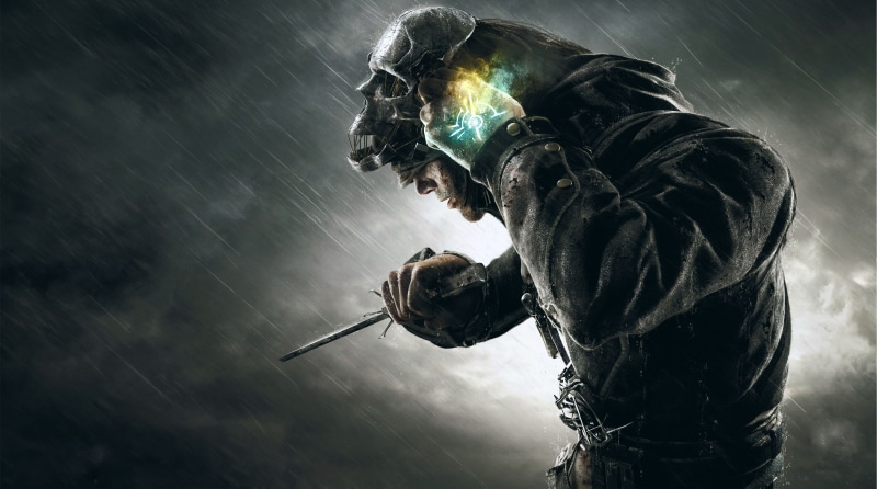 sculpture, aggression, skull, Dishonored, art and craft, wearing, human representation, waist up, cap, dagger, man, statue, holding, cloud - sky, low angle view