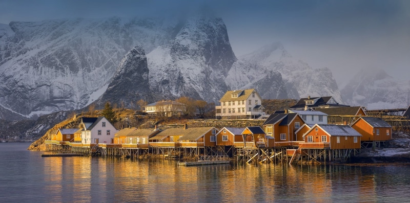 day, snowy peak, beauty in nature, fjord, sea, cold temperature, water, 720P, architecture, village, mountains, nautical vessel, building exterior, no people