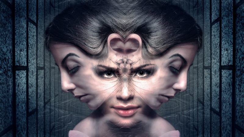 beautiful woman, weird, human eye, human body part, women, adult, mask, head, double, view, dream, headshot, make-up, close-up, 4K, modern art, photo