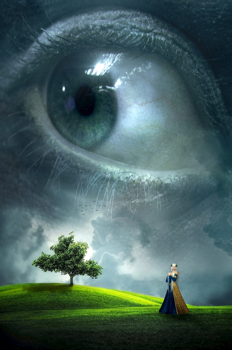 green, clouds, lighting, grass, dream world, eye, plant, atmosphere, sky, light, digital composite, one person, spooky, book cover, dramatic, women, cover