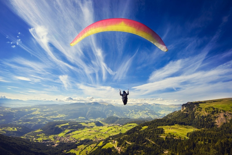 parachute, 2K, fields, clouds, panorama, sky, altitude, mountains, forests