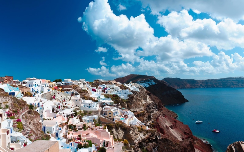 santorini, natur, blue, houses, panorama, beautiful, 2K, colorful, clouds, greece, architecture