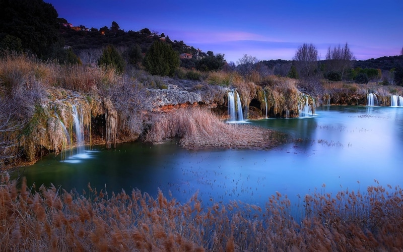 evening, lake, spain, 1080P, fall, landscape, trees, water, village, nature, hill