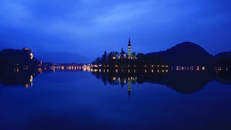 4K, Lake, Reflection, Water, Slovenia, Night, Lights, Bled