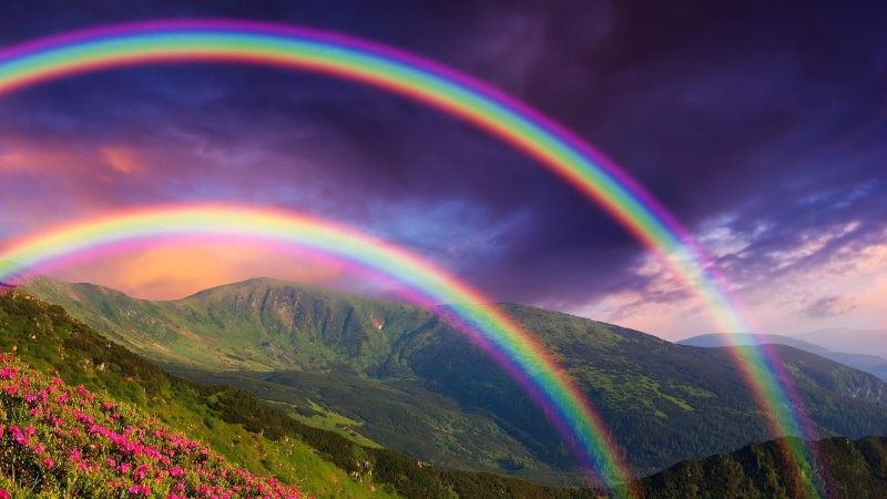 landscape, meteorological phenomenon, sky, rainbow, double rainbow, mount scenery, cloud, sunlight, cloudy, purple sky, hill, nature, mountain, purple clouds