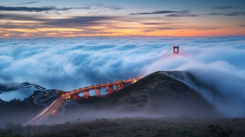 1080P, cloudy, sky, morning, horizon, california, cloud, san fransisc, sunrise, united states, dawn, hill, golden gate bridge, atmosphere, meteorological