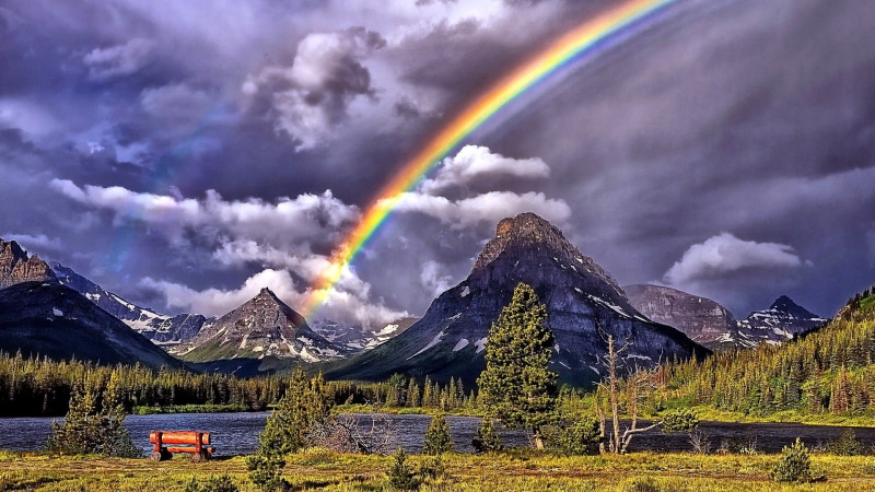 rainbow, lake, rain cloud, highland, mountain, sky, nature, bench, mountain lake, landscape, meteorological phenomenon, mountain range, 1080P, rain clouds