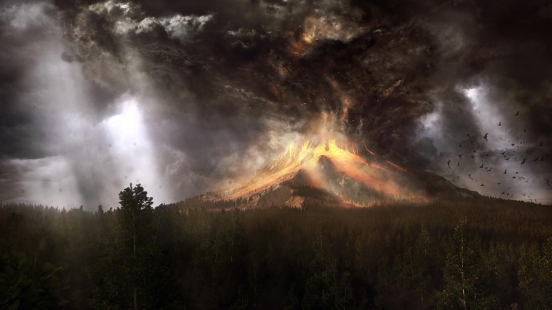 sky, landscape, accidents and disasters, wildfire, mountain, 1080P, plant, non-urban scene, no people, volcano eruption, volcano, fire, beauty in nature