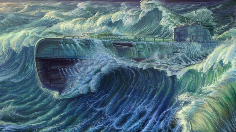 no people, u boat, sky, backgrounds, aerial photography, submarine, wind wave, u-boat, land, environment, painting art, watercolor paint, landscape, outdoors