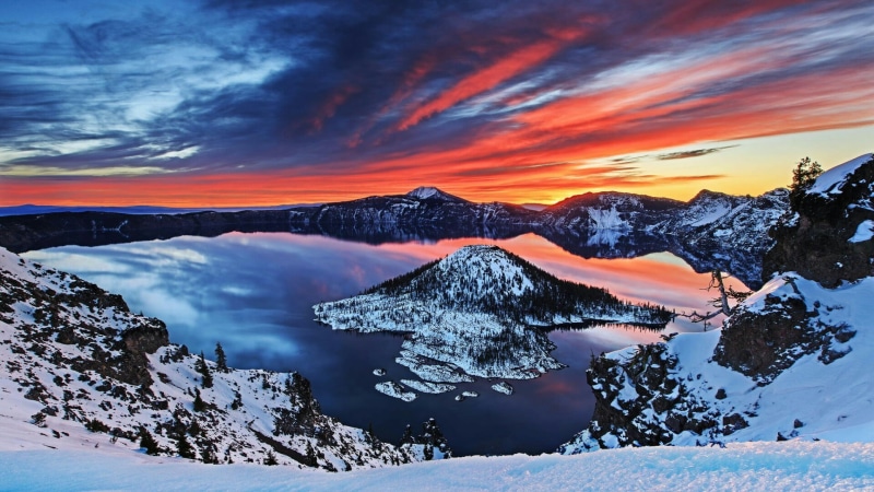 geological phenomenon, crater lake, tranquility, cold temperature, snowcapped mountain, nature, snow, sunset, sky, water, united states, cloud, no people
