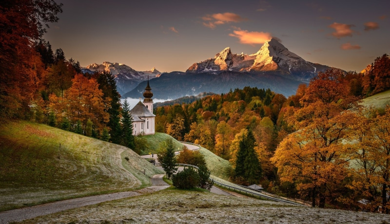 Bavaria, Berchtesgaden, forest, road, autumn, The Bavarian Alps, 1080P, trees, Church Maria Gern, Bavarian Alps, Mount Watzmann, Watzmann mountain, mountains