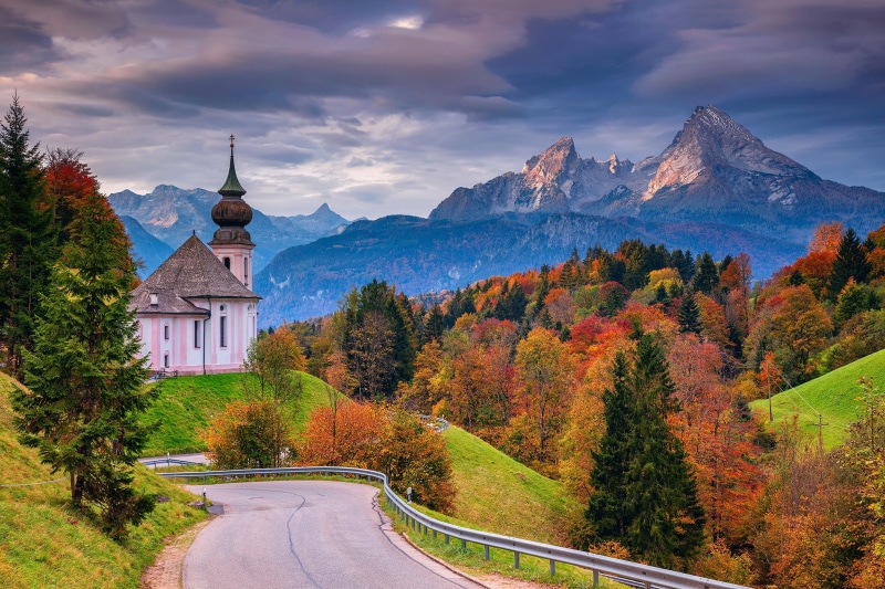 Bayern, autumn, forest, Mount Watzmann, mountains, road, The Bavarian Alps, trees, Berchtesgaden, Bavaria, Germany, Church Maria Gern, Church Of Maria Gern