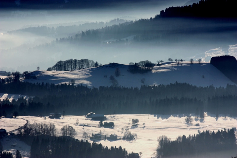Veil of Mist, snow, forest, winter, cold, Veil Nebula, 4K, Nebulous, houses, village, hills