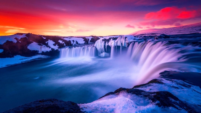 iceland, nature, sky, water, waterfall, freezing, 1080P, godafoss, red sky, winter