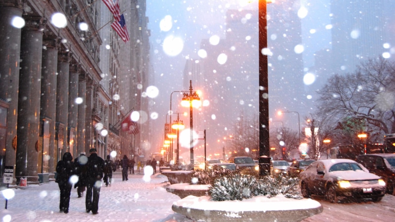 metropolis, chicago, usa, 4K, winter, urban area, evening, city, freezing, snowfall, snow